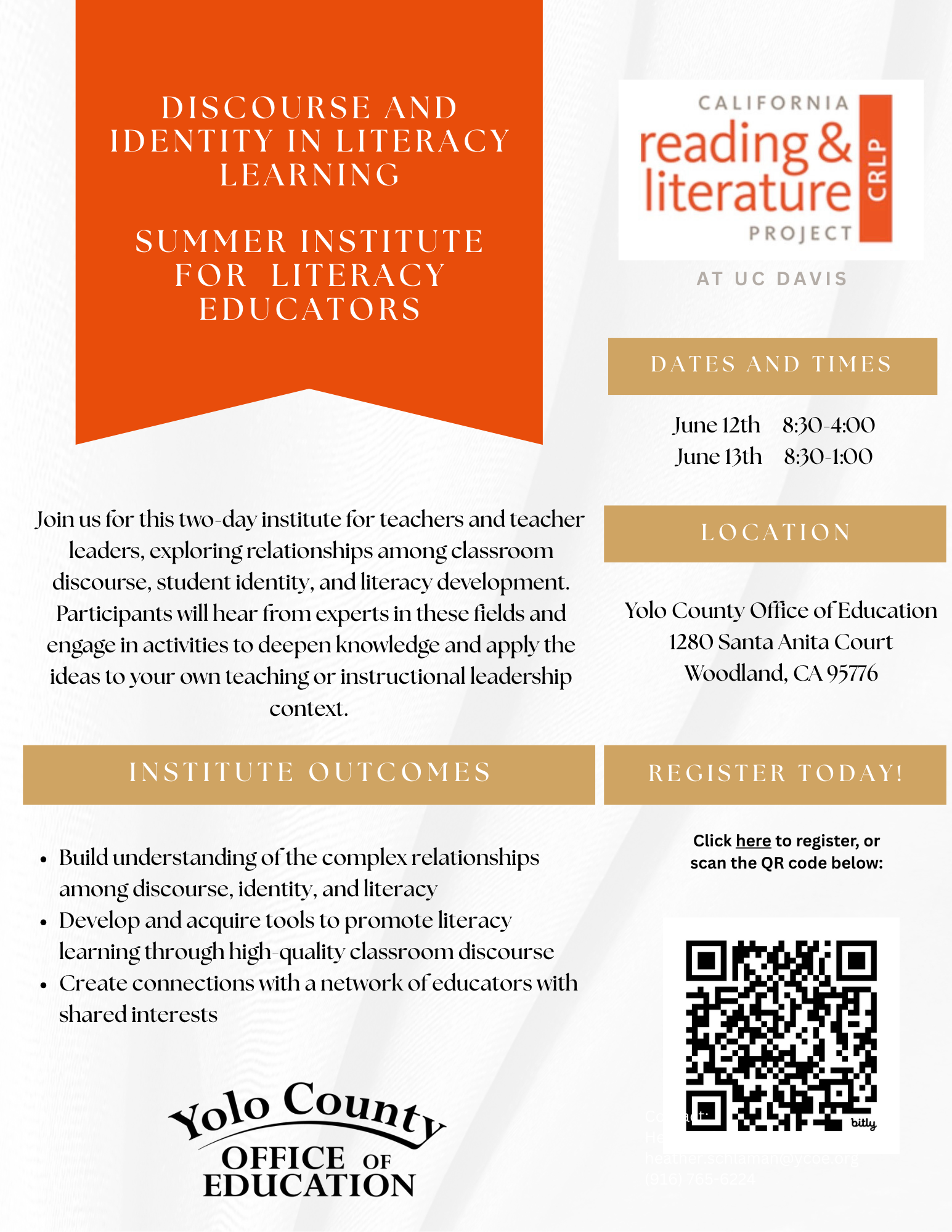 Flyer for Discourse and Identity in Literacy Learning Institute. Orange pendant on a white background. Includes description of institute content, two organization logos, and a QR code for registration.
